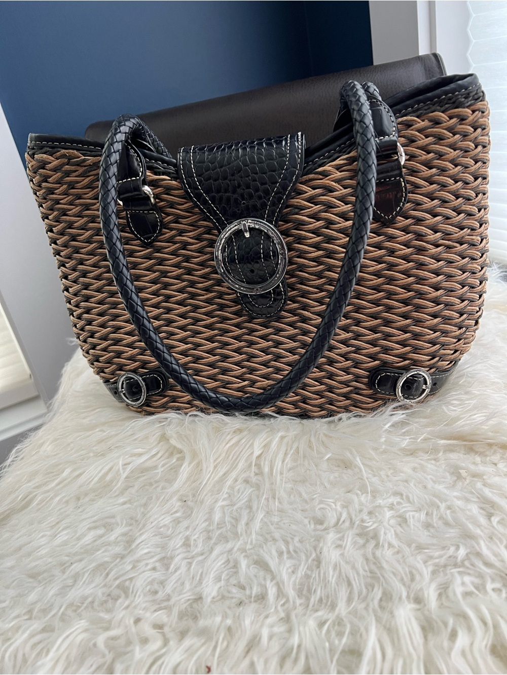 Brighton "Debbie" Woven Straw and Leather Shoulder Bag